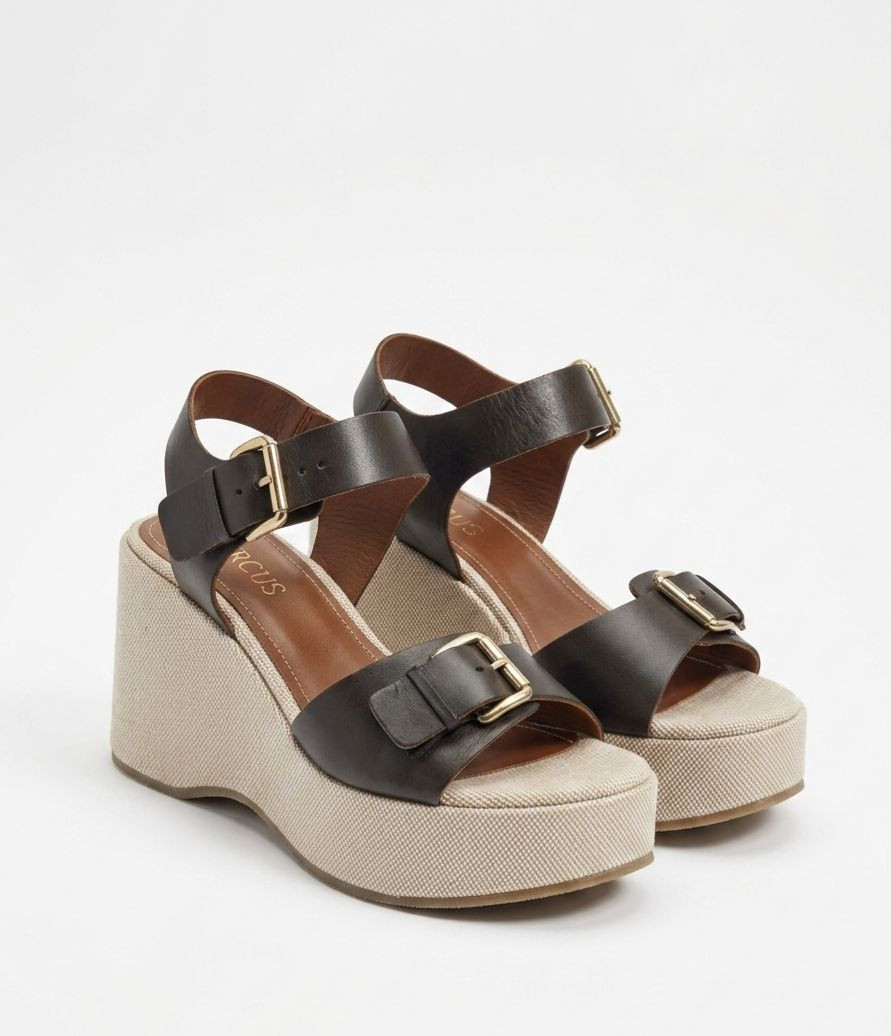 Sandales Compensées en Cuir et Toile Tressée à Boucles